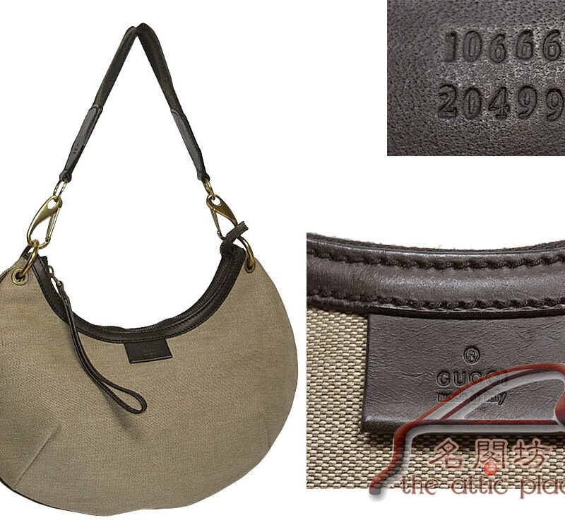 Gucci 106669 Brown leather with Cream Canvas Flat Hobo Small Shoulder Handhbag-0