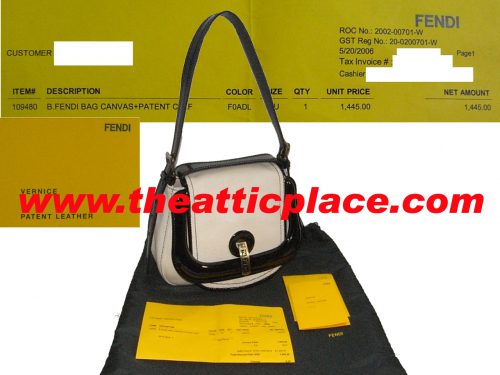 90% NEW ! Fendi 8BR544 Beige with Black Patent Trim Single Buckle B Bag-0