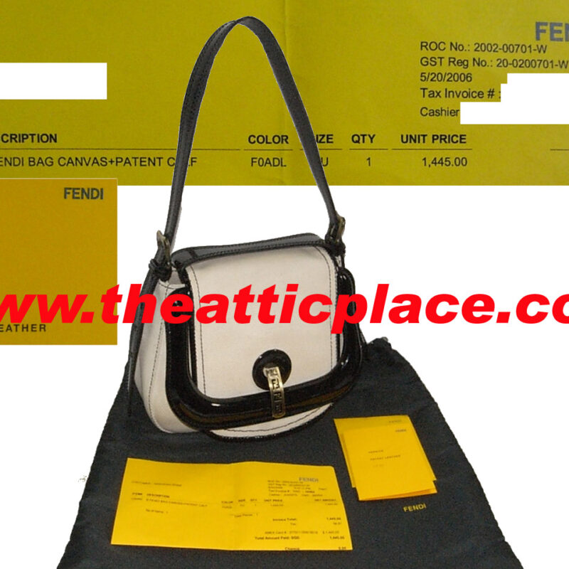 90% NEW ! Fendi 8BR544 Beige with Black Patent Trim Single Buckle B Bag-0