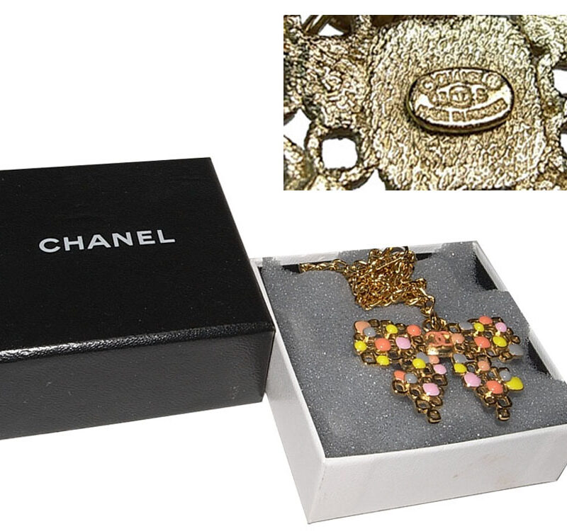 ALMOST NEW ! Chanel 03S Ribbon/ Bow Necklace with Multicolor Enamel Gold chain-0