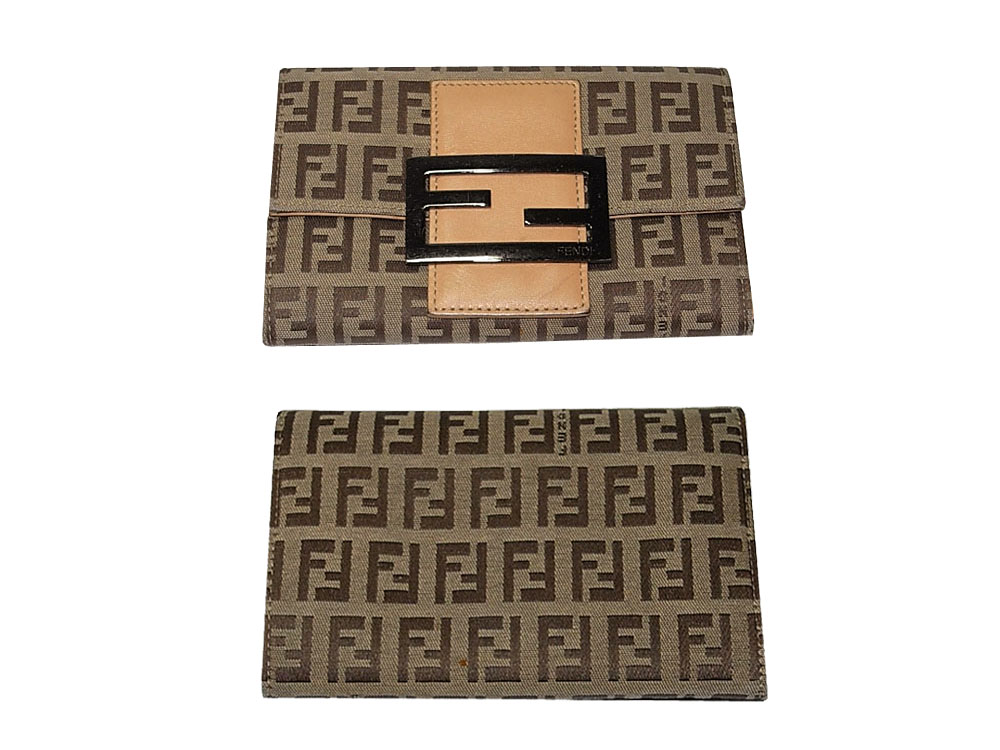 90% NEW ! Fendi 8M0036 Beige Zucchino FF Fabric Wallet-0