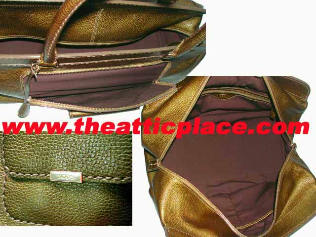 98% NEW ! Tod's Metallic Bronze Rain Leather Kate Easy Media Giorno Travel / Gym Bag-7360