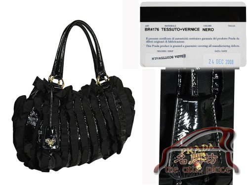 ALMOST NEW ! Prada BR4176 Patent Black Leather / Black Nylon Ruffle Tote Shoulder Bag-0
