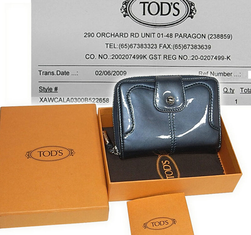 ALMOST NEW ! Tods in Patent Greylish Blue Bio-Fold Zipped Compact Wallet-0