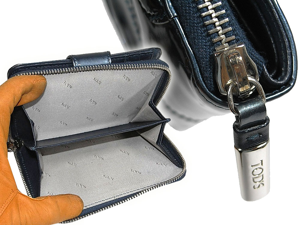 ALMOST NEW ! Tods in Patent Greylish Blue Bio-Fold Zipped Compact Wallet-6370