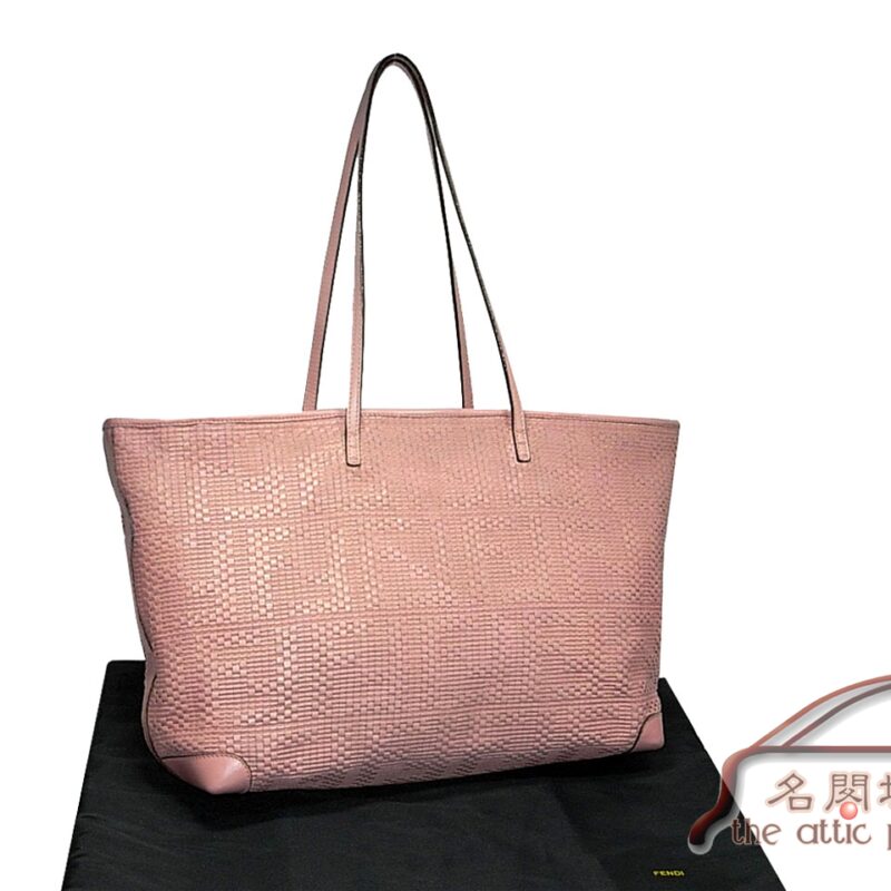 85% NEW ! Fendi 8BH185 Pink Zucca Large Woven Leather Logo Shopping Roll Leather Tote Bag-0