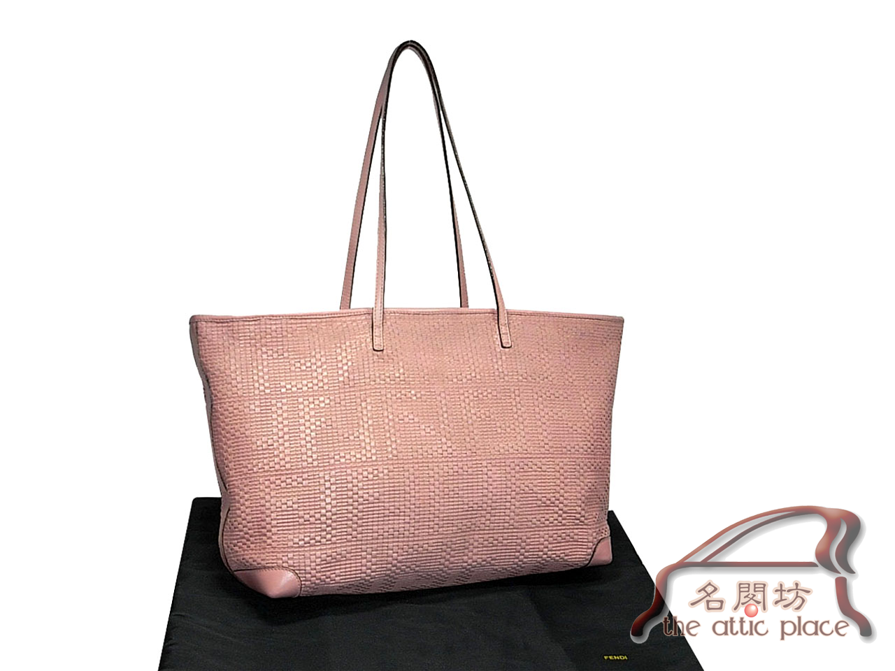 85% NEW ! Fendi 8BH185 Pink Zucca Large Woven Leather Logo Shopping Roll Leather Tote Bag-0