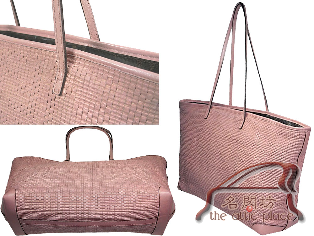 85% NEW ! Fendi 8BH185 Pink Zucca Large Woven Leather Logo Shopping Roll Leather Tote Bag-3656