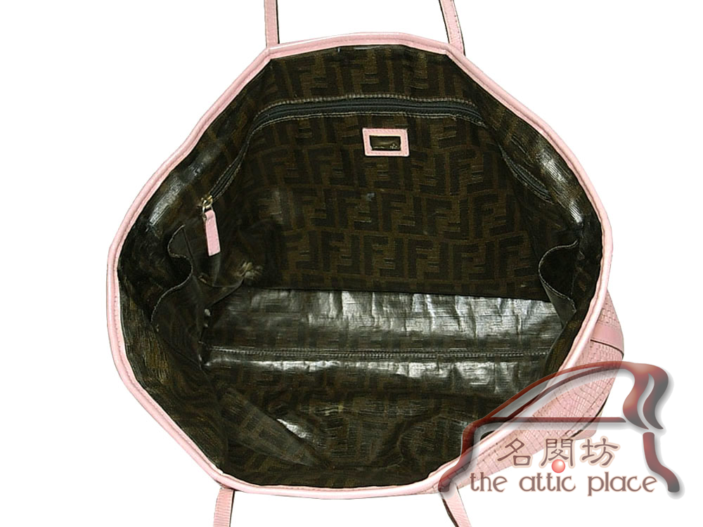 85% NEW ! Fendi 8BH185 Pink Zucca Large Woven Leather Logo Shopping Roll Leather Tote Bag-3654