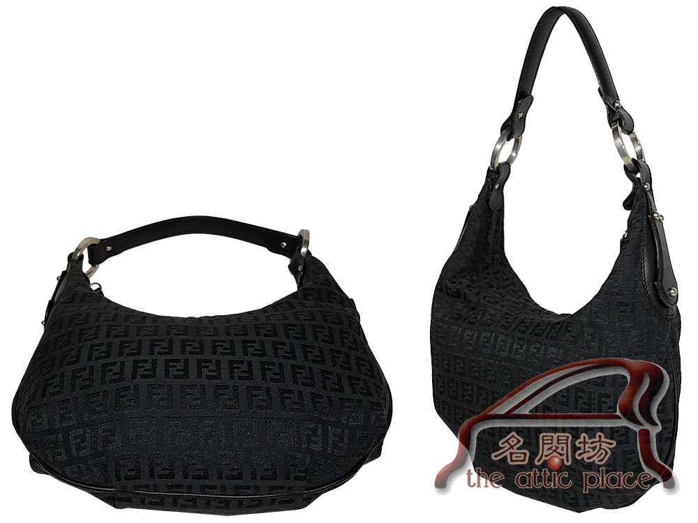90% NEW ! Fendi 8BR339 Black / Black Zucchino Hobo Small Handbag-1994