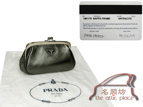 ALMOST NEW ! Prada 1M1179 Metallic Silver Antracite Nappa Frame Coin Holder / Purse-0