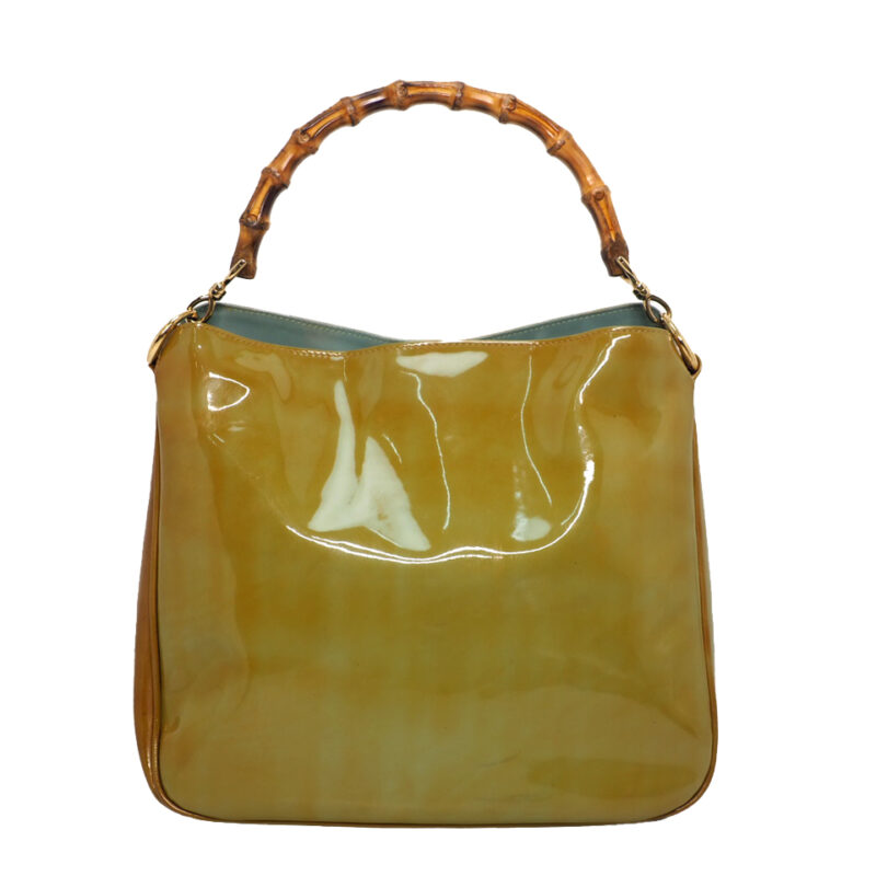 Gucci 96059 Patent Turquoise/ Green Bamboo Handle Shoulder / Crossbody Bag