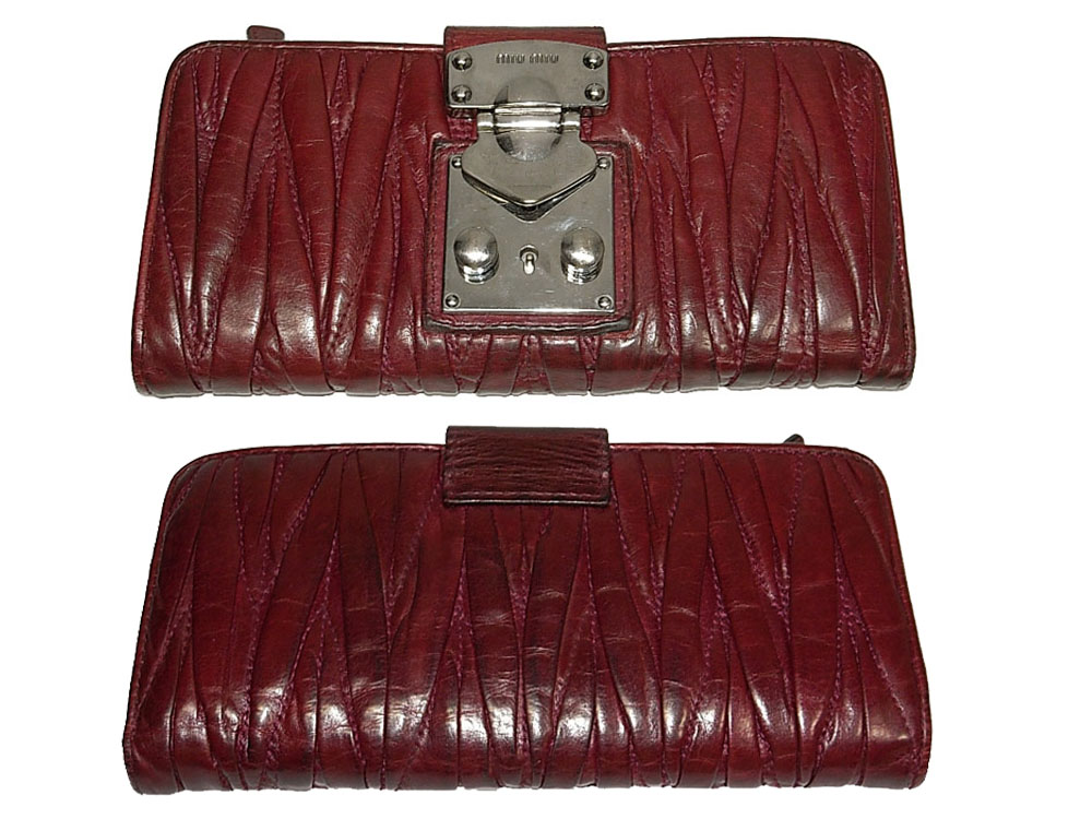 Miu Miu Maroon Portafoglio Matelasse Lux Leather Double- Fold with Zipped Wallet-14460