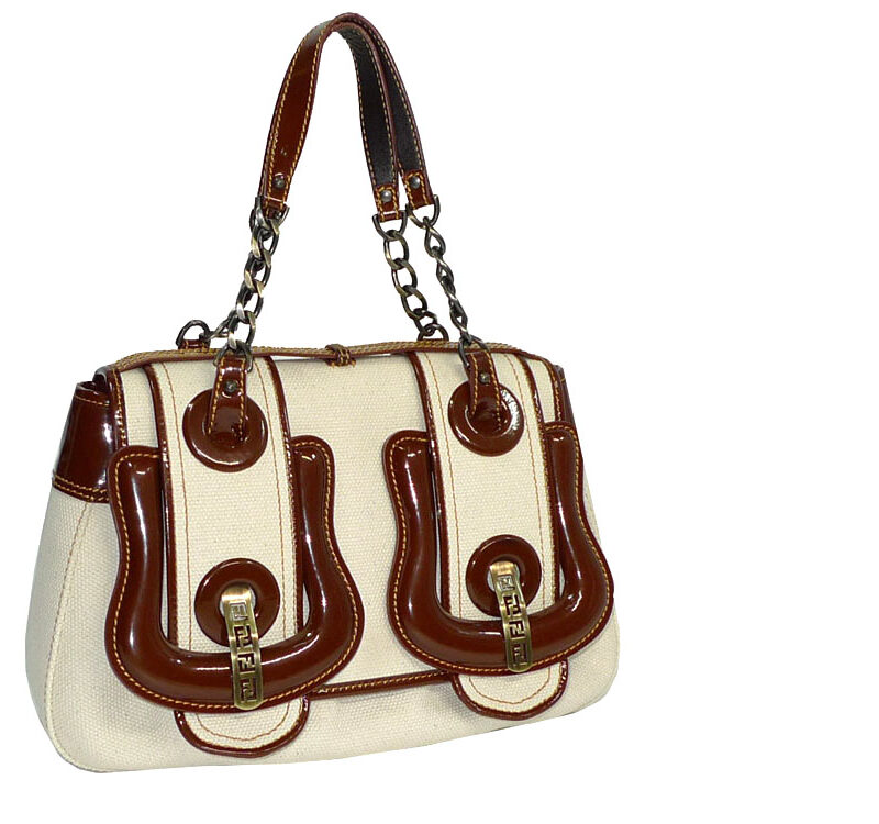 Fendi Canvas B-Bag with Brown Patent Trim-0