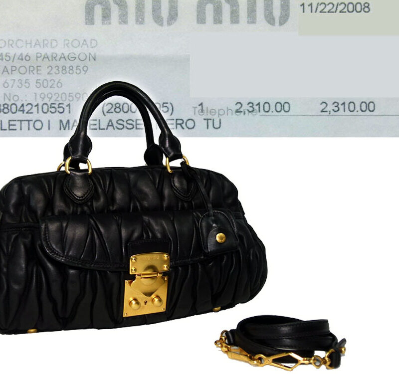 Miu Miu RN0567 Black Calf Bowler Matelasse Leather Ruched Bag with Strap-0