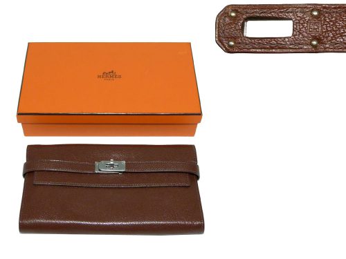 Hermes L Stamp Chocolate Mysore Leather Silver Hardware Kelly Wallet-0