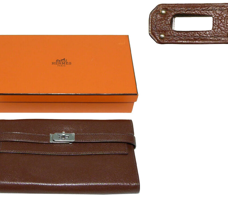 Hermes L Stamp Chocolate Mysore Leather Silver Hardware Kelly Wallet-0