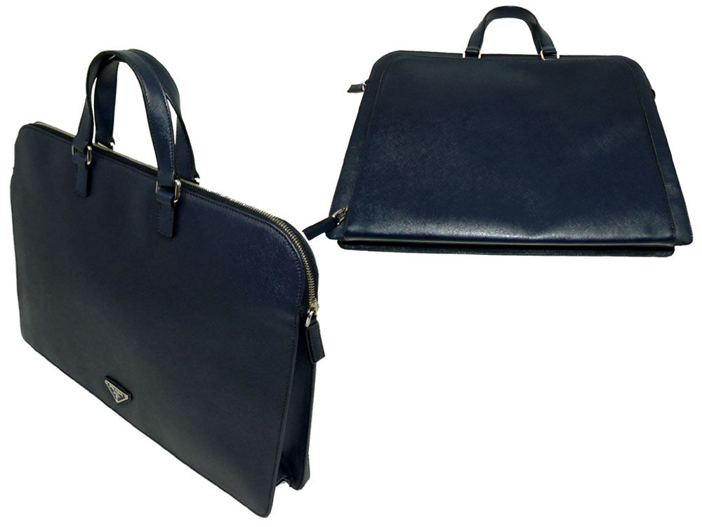 Prada VR0023 Blue Saffiano Travel Leather Tote w Two Zip Top Briefcase Luggage-23908
