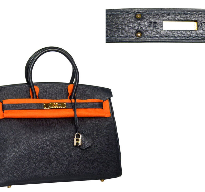 Hermes Birkin 35 Navy Blue Clemence Leather with Gold Hardware "H" Stamp-0