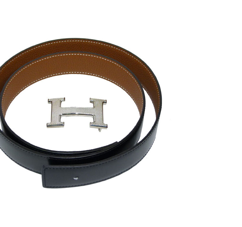 Hermes H Mat Silver Buckle with Gold Togo & Black Calf O Stamp 90cm Belt-0