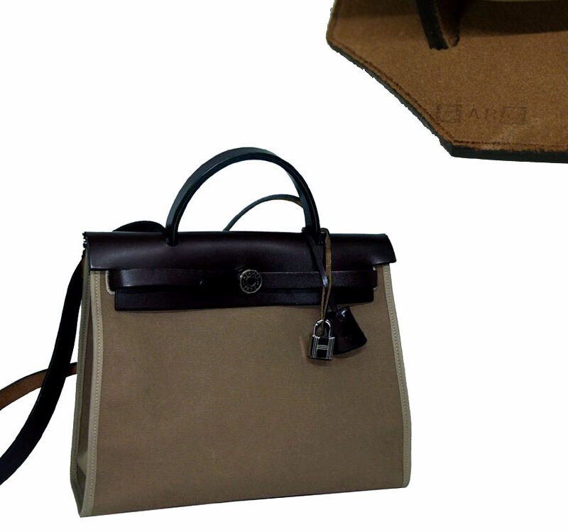 Hermes Herbag Zip 31 Etoupe with Dark Brown Calf Leather PHW 'Q' Stamp -0