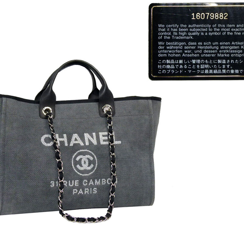 Chanel 16079882 Grey Canvas Shopping Tote Large w Chain-0