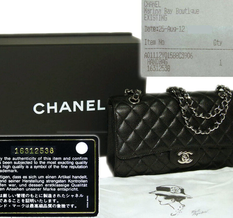 Chanel 16312538 Black Caviar 10" Medium Flap in Silver Hardware w Receipt from Singapore-0