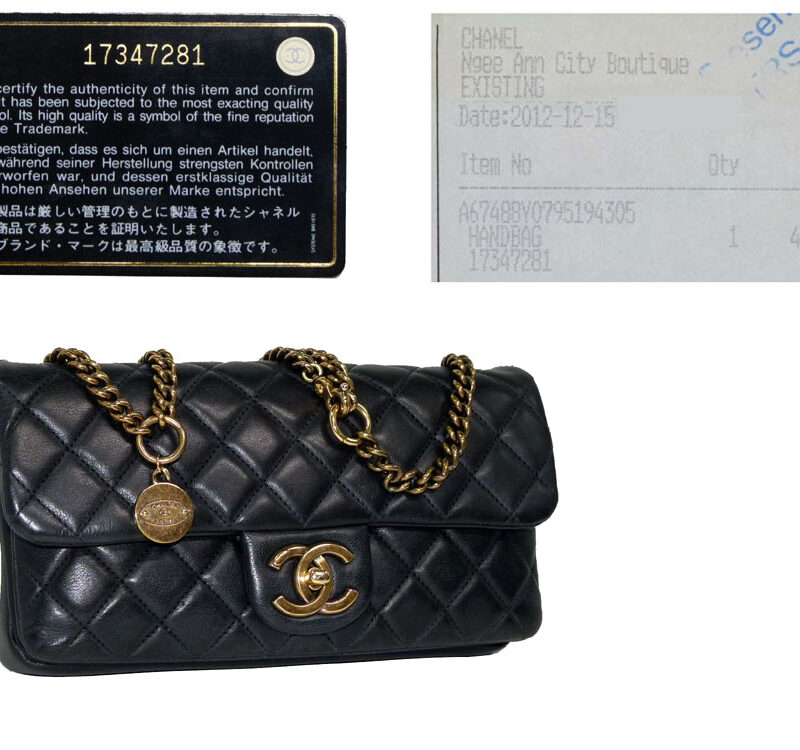 Chanel 17347281 Cruise 2013 Black Calfskin w Zip Pocket "Crown" Flap Bag in Mat Gold Hardware-0