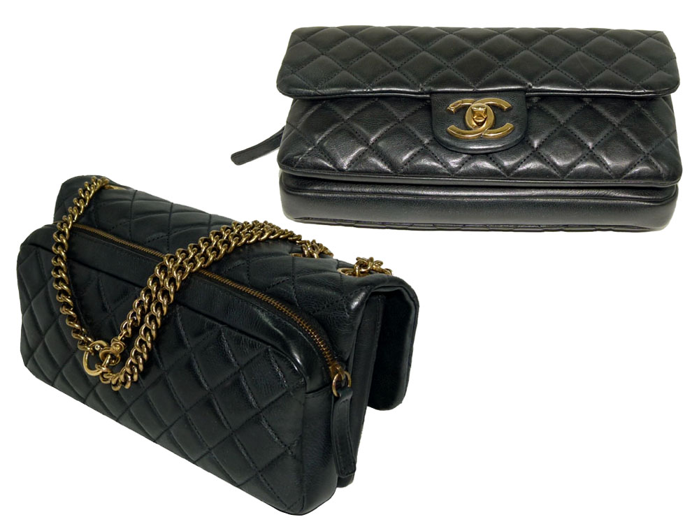 Chanel 17347281 Cruise 2013 Black Calfskin w Zip Pocket "Crown" Flap Bag in Mat Gold Hardware-25839