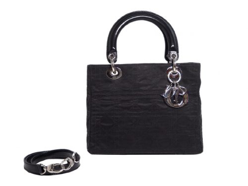 Christian Dior Black Satin/ Patent Leather Cannage Lady Dior Tote with Strap-0