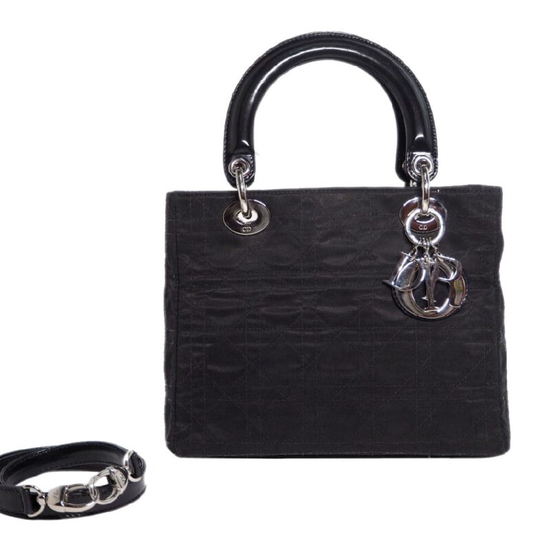 Christian Dior Black Satin/ Patent Leather Cannage Lady Dior Tote with Strap-0