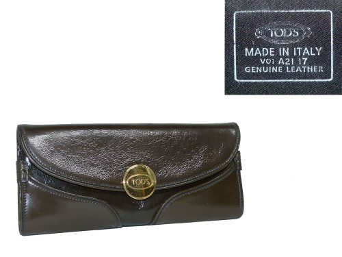 Tods Khaki Patent Clutch Gold Hardware-0