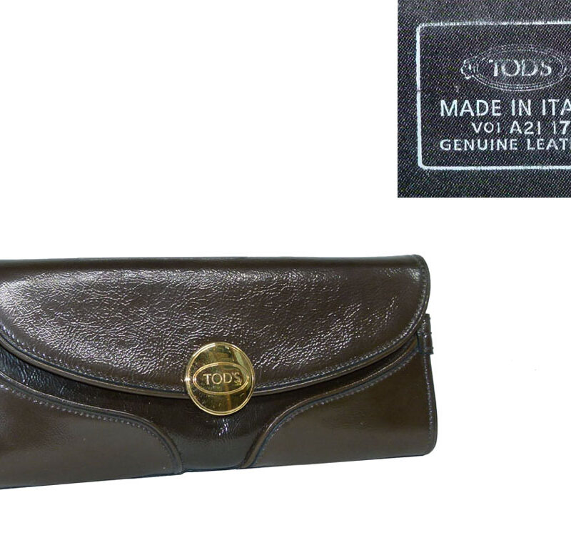 Tods Khaki Patent Clutch Gold Hardware-0