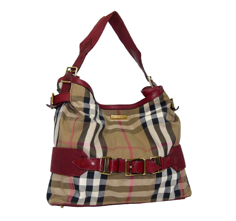 Burberry Nova Cotton Red Calf Leather Trim Hobo Bag-0