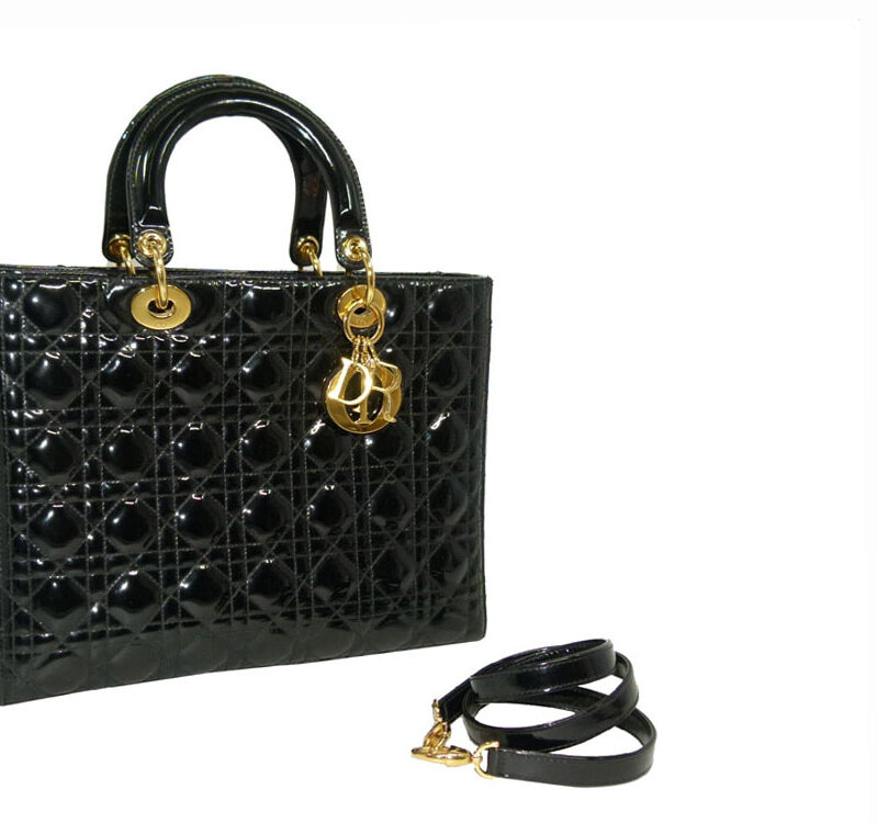 Dior Black Patent Cannage Large ' Lady Dior ' Document Tote with Strap-0