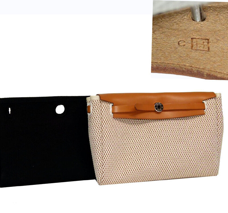 Hermes Herbag H Stamp Natural Calf with Beige / Black Canvas 2-in-1 Clutch Case -0