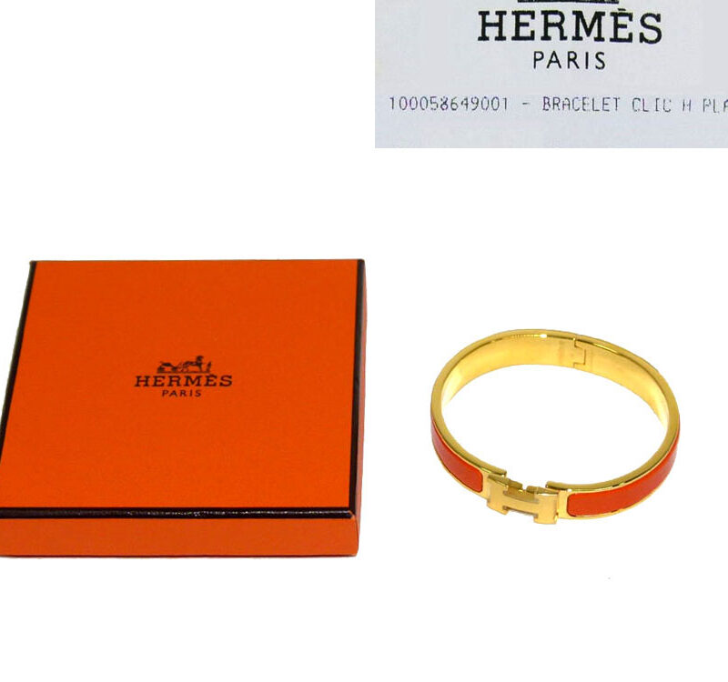 Hermes Orange Enamel P Stamp Gold Hardware H Bangle Clic-Clac GM LargeSize-0
