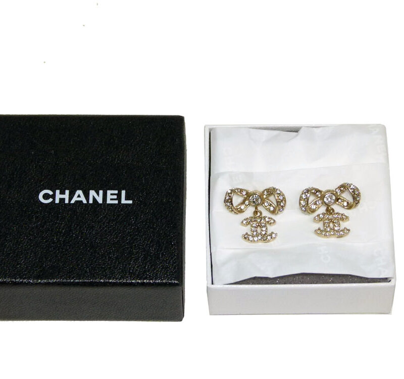 Chanel Ribbon / Bow Crytals with Double C Gold Hardware Earring-0