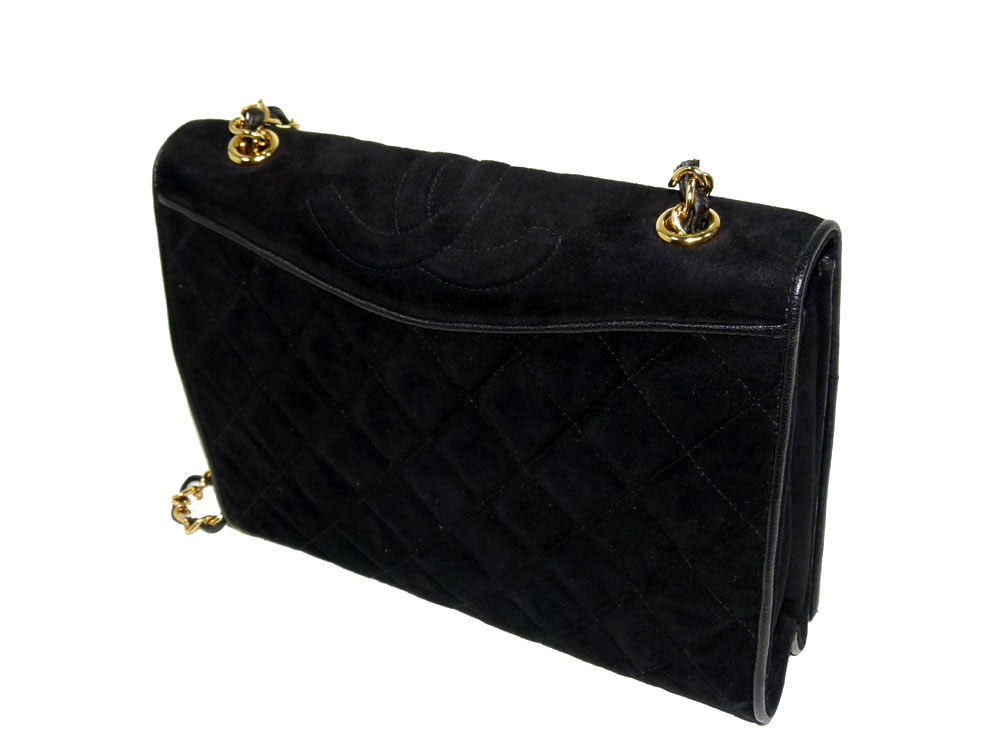 Chanel Black Suede Quilted Vintage Flap Classic Bag / Clutch in Gold Hardware-27632