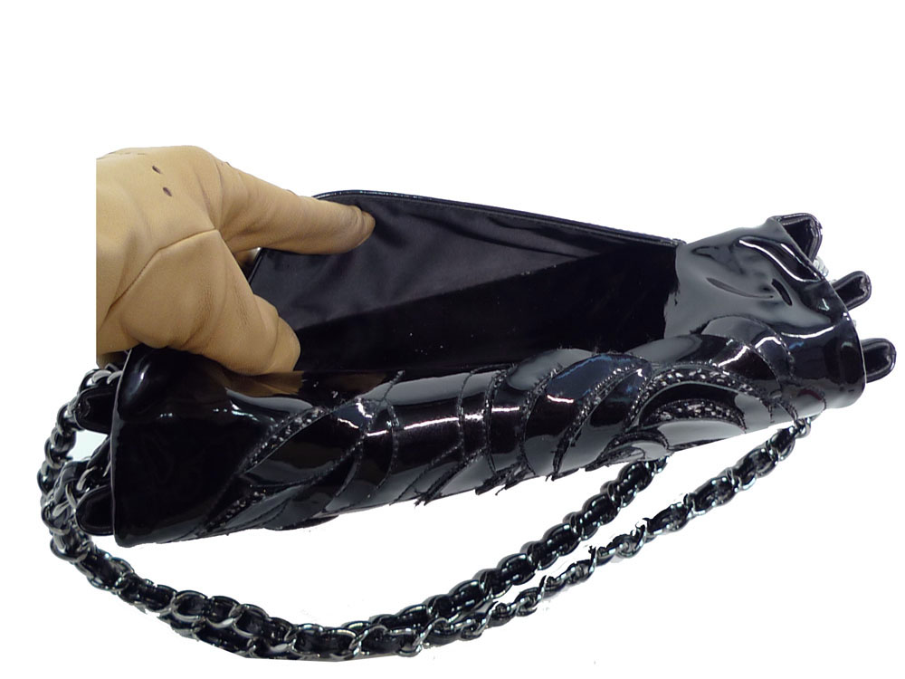 Chanel 14267231 Black Patent 3 C Camellia Shoulder/ Clutch Bag-27698