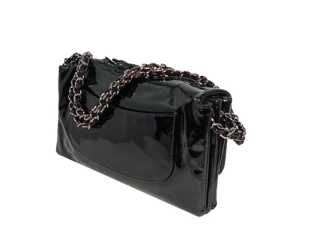 Chanel 14267231 Black Patent 3 C Camellia Shoulder/ Clutch Bag-27702
