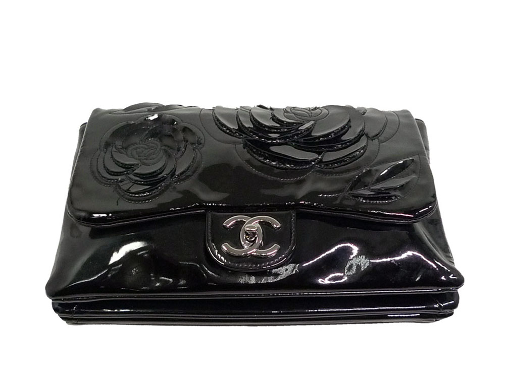 Chanel 14267231 Black Patent 3 C Camellia Shoulder/ Clutch Bag-27701