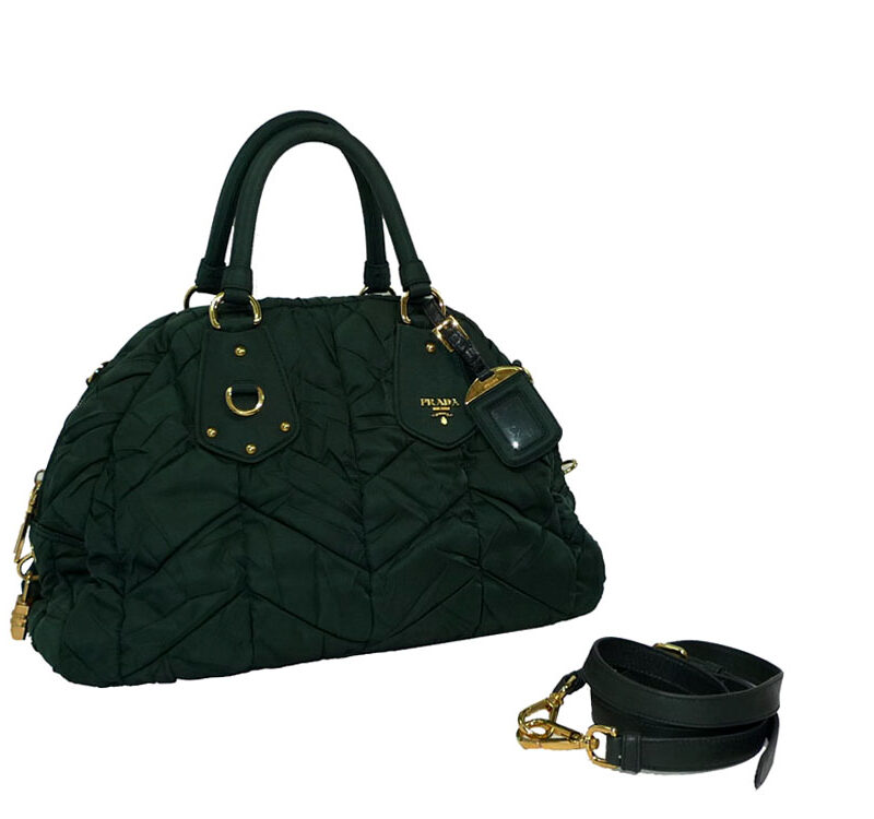 Prada BL0404 Green Tessuto Quilted Chevron Boston Tote With Strap-27932