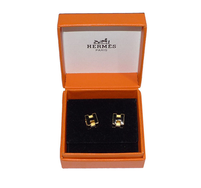 Hermes H Block/ Cube Black Gold Block Earring -0