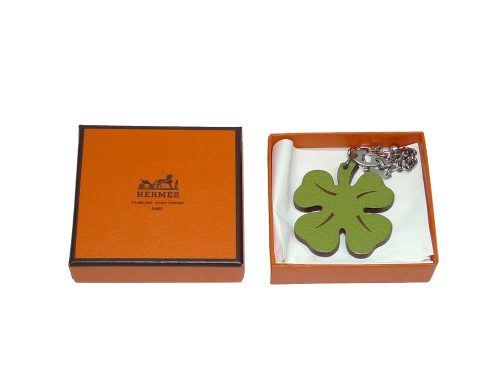 Hermes Clove Leaf Vert Anis / Orange Flower Bag Charm/ Key Holder-0