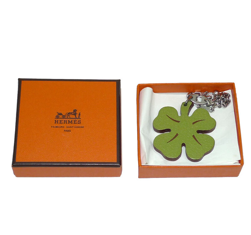 Hermes Clove Leaf Vert Anis / Orange Flower Bag Charm/ Key Holder-0