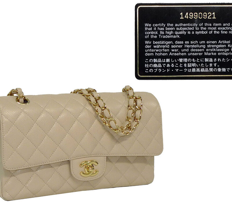 Chanel 14990921 Beige Caviar with Gold Chain Medium 10" Timeless Classic Flap Handbag-0