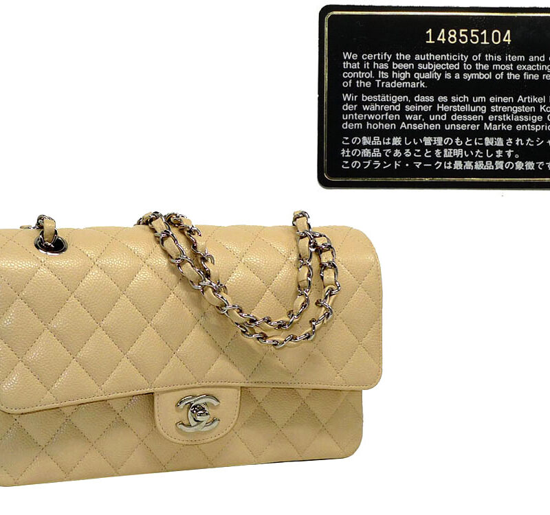 Chanel 14855104 Beige Caviar with Silver Chain Medium 10" Timeless Classic Flap Handbag-0