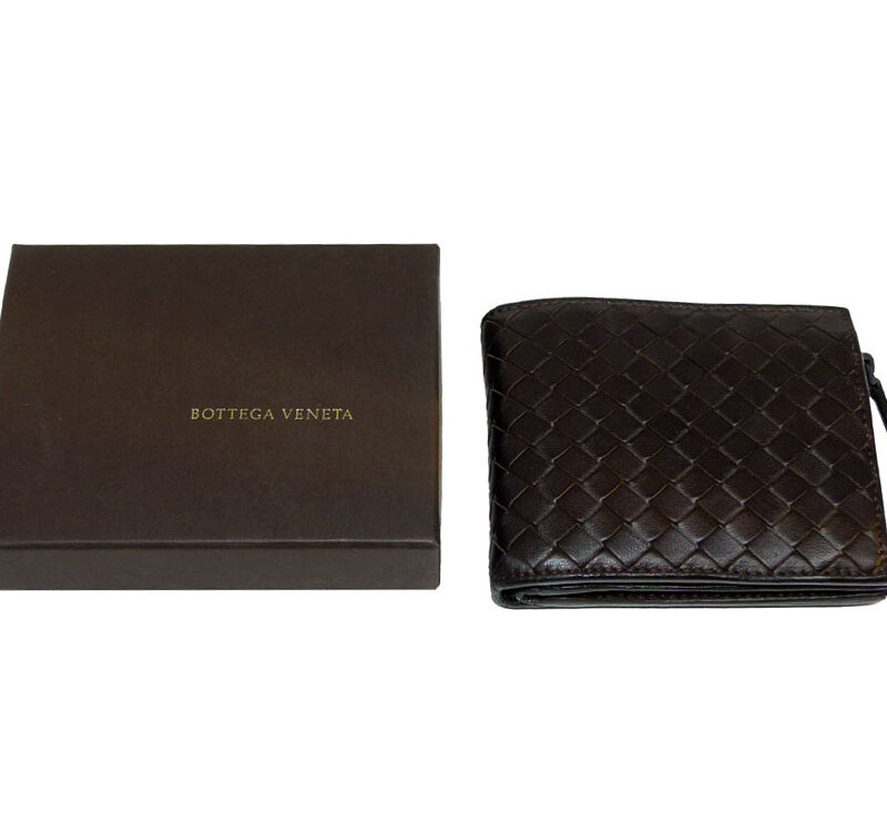 Bottega Veneta Brown Woven Men Tri-Fold 12 Cards Wallet w Zipped Coin -0