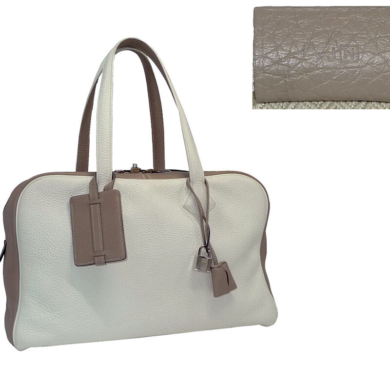 Hermes Duo Etoupe/ White Clemence N Stamp Victoria 35 Shoulder Bag-0